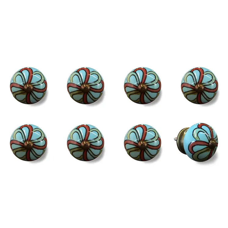 Set of Eight Turquoise And Red Geometric Ceramic Drawer Pull Knobs