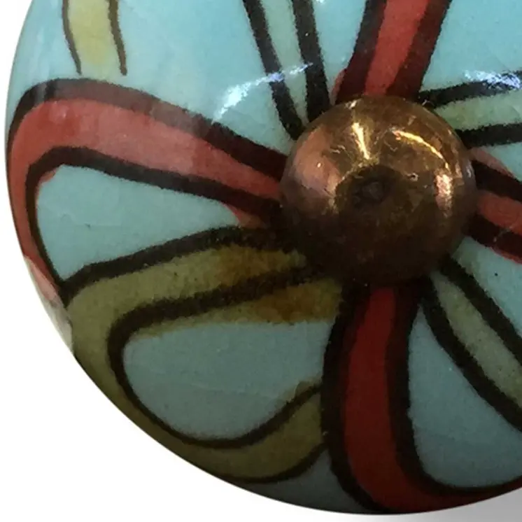 Set of Eight Turquoise And Red Geometric Ceramic Drawer Pull Knobs
