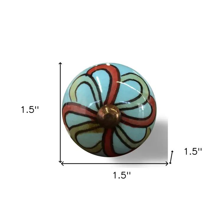 Set of Eight Turquoise And Red Geometric Ceramic Drawer Pull Knobs