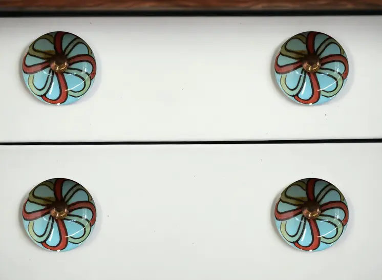 Set of Eight Turquoise And Red Geometric Ceramic Drawer Pull Knobs