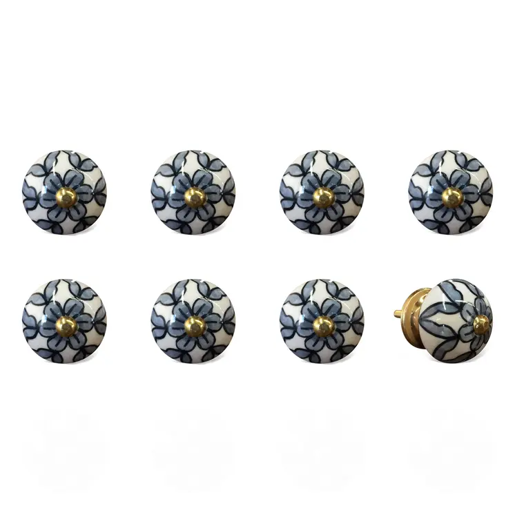 1.5" X 1.5" X 1.5" White Blue Black Handpainted Ceramic  Knobs 8 Pack