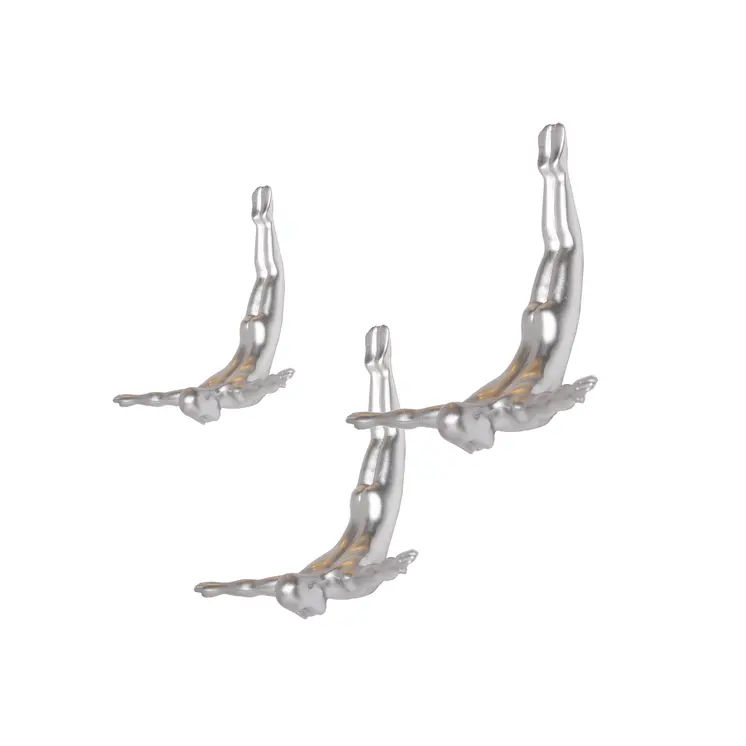Set of Three Silver Resin Diving Man Hanging Dimensional Sculpture