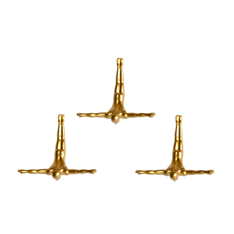 Set of Three Gold Resin Diving Man Hanging Dimensional Sculpture