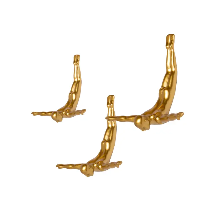 Set of Three Gold Resin Diving Man Hanging Dimensional Sculpture