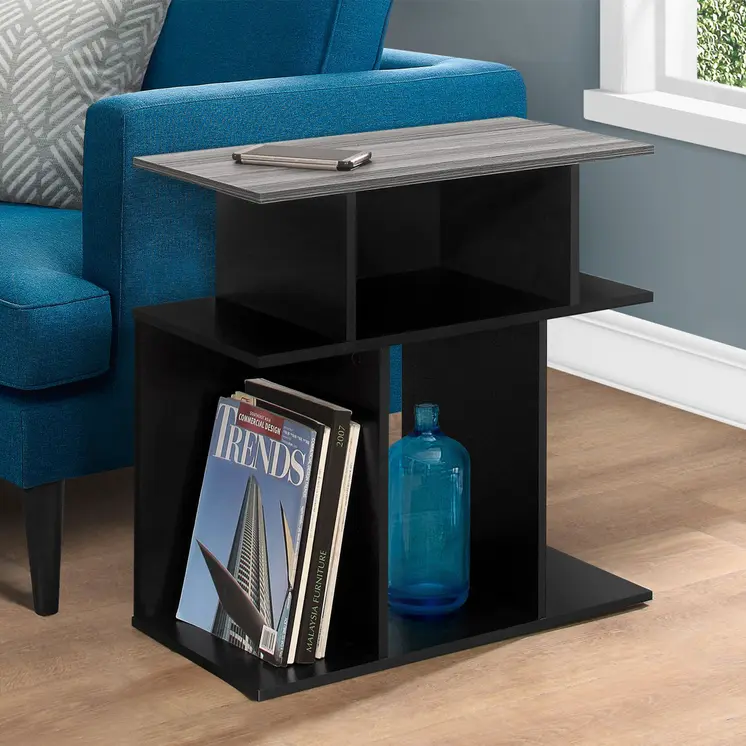 24" Gray and Black Wood Floor Shelf End Table With 6