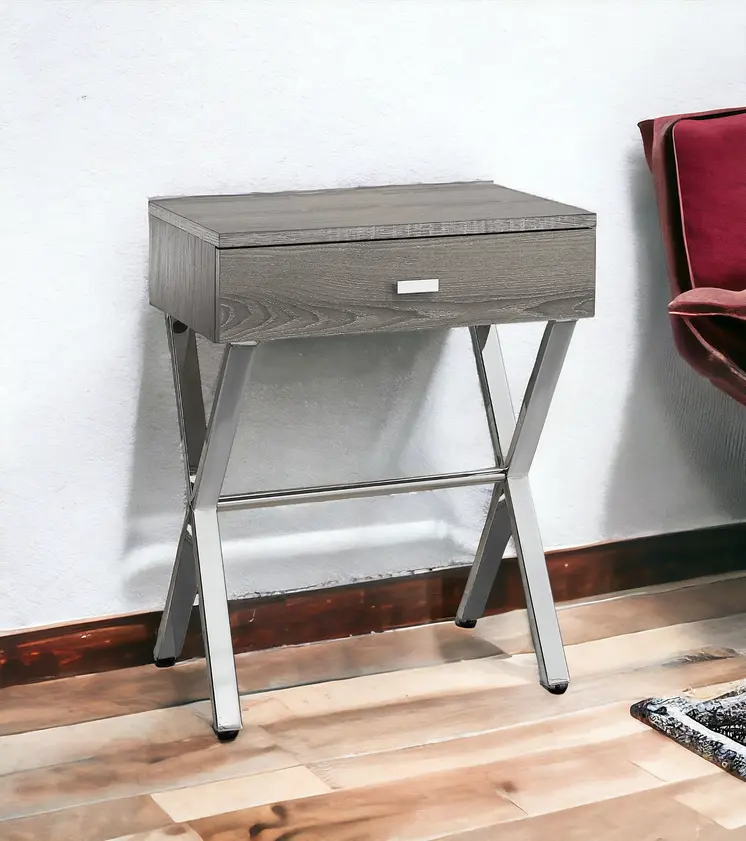 22" Silver And Deep Taupe Wood And Metal End Table With Drawer