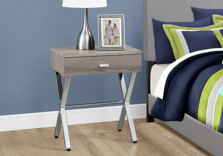 22" Silver And Deep Taupe Wood And Metal End Table With Drawer