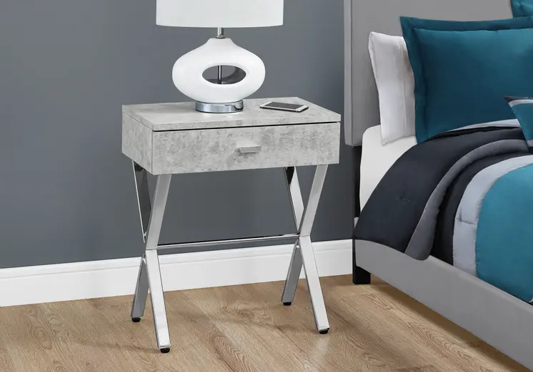 22" Silver And Gray Wood And Metal End Table With Drawer