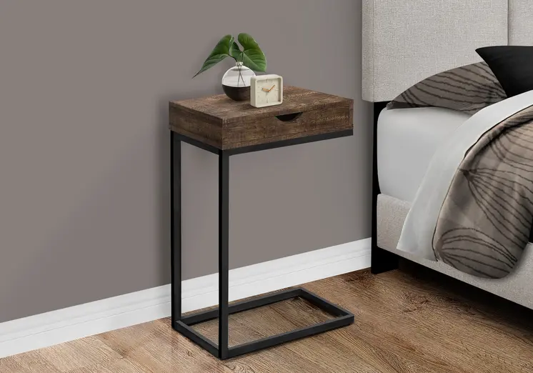 10.25" X 15.75" X 24.5" Brown Finish Drawer And Black Metal Accent Table