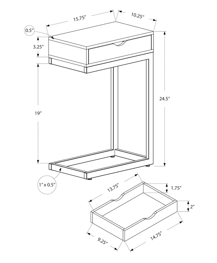 10.25" X 15.75" X 24.5" Brown Finish Drawer And Black Metal Accent Table