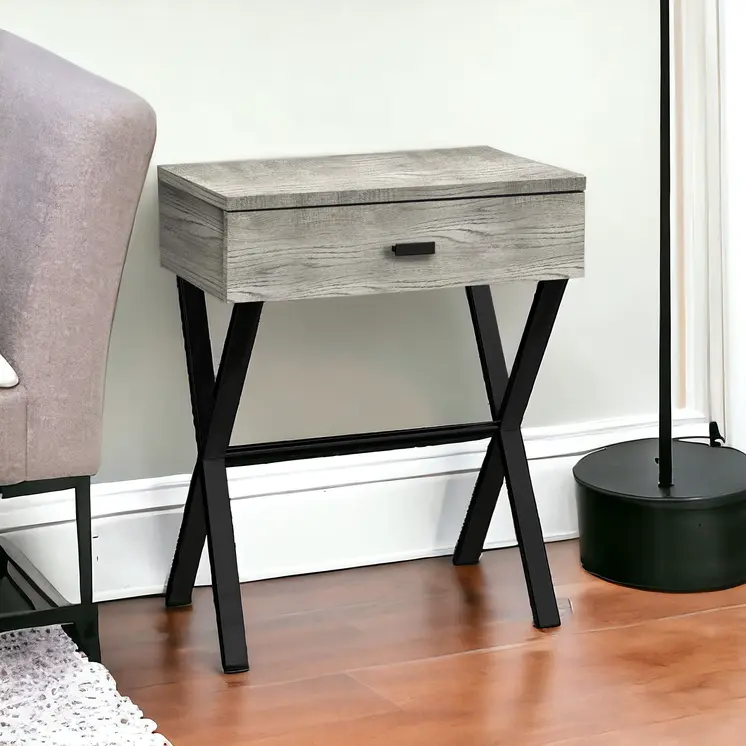 22" Black And Gray Wood And Metal End Table With Drawer