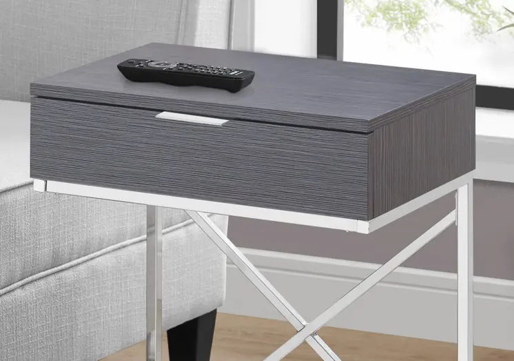 24" Silver And Gray Wood And Metal End Table With Drawer