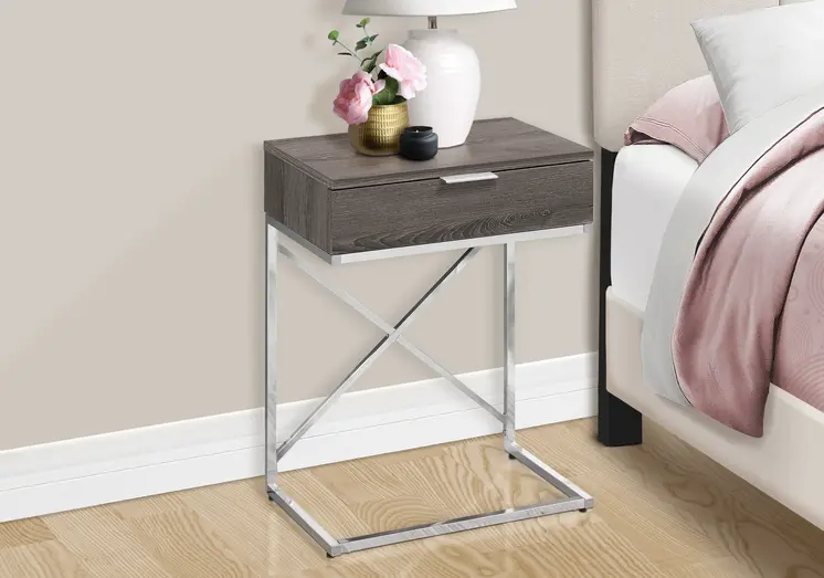 24" Silver And Taupe Wood And Metal End Table With Drawer