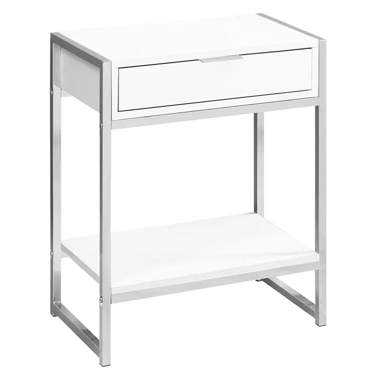 24" Silver And White Wood And Metal End Table With Drawer And Shelf