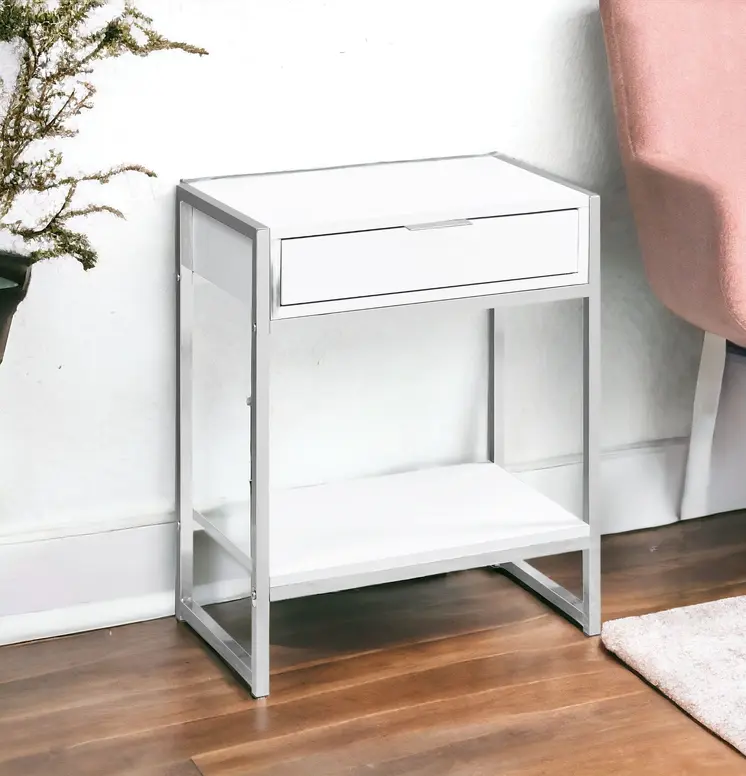 24" Silver And White Wood And Metal End Table With Drawer And Shelf
