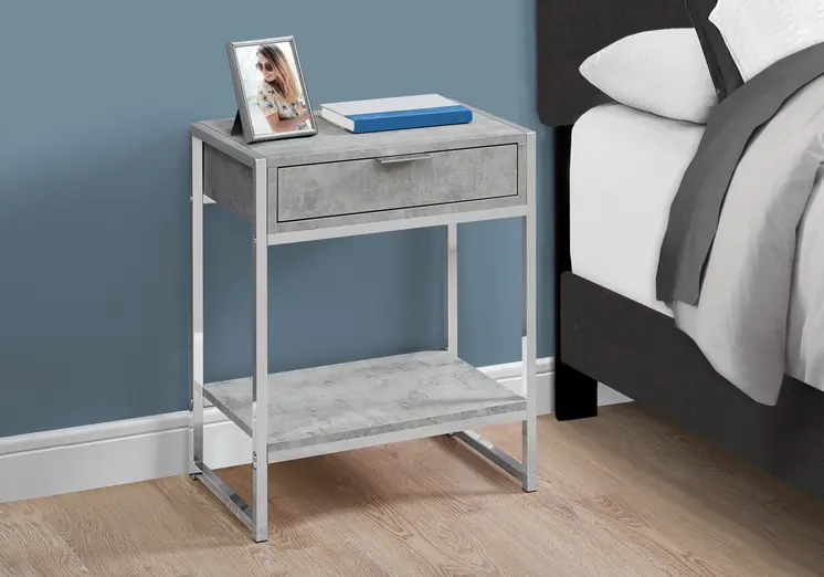 24" Silver And Gray Wood And Metal End Table With Drawer And Shelf