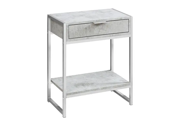 24" Silver And Gray Wood And Metal End Table With Drawer And Shelf