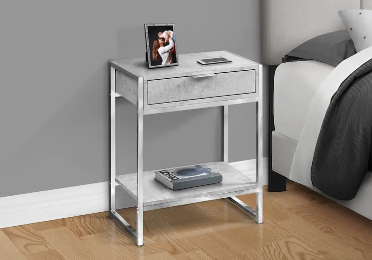 24" Silver And Gray Wood And Metal End Table With Drawer And Shelf