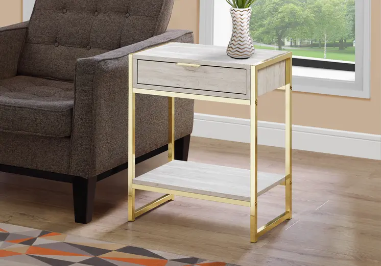 24" Gold And Beige Wood And Metal End Table With Drawer And Shelf