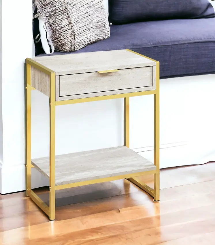 24" Gold And Beige Wood And Metal End Table With Drawer And Shelf