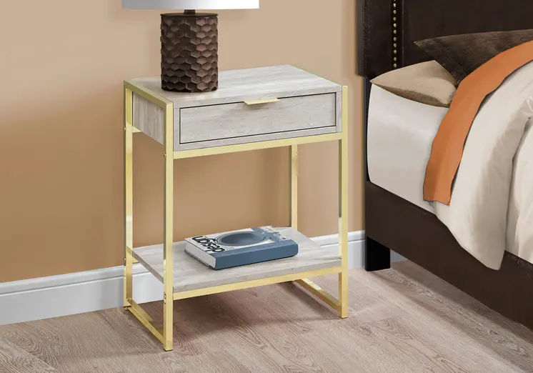 24" Gold And Beige Wood And Metal End Table With Drawer And Shelf