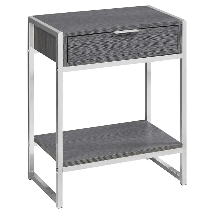 24" Silver And Gray Wood And Metal End Table With Drawer And Shelf