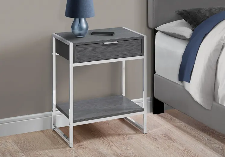 24" Silver And Gray Wood And Metal End Table With Drawer And Shelf