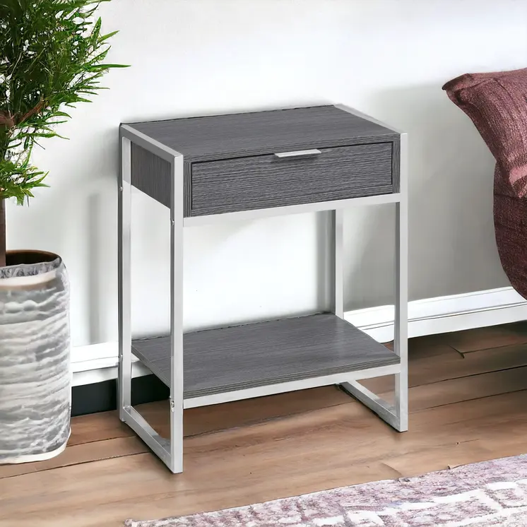 24" Silver And Gray Wood And Metal End Table With Drawer And Shelf