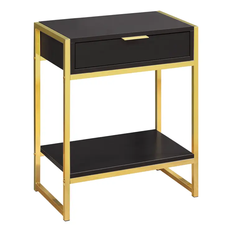 24" Gold And Dark Brown Wood And Metal End Table With Drawer And Shelf
