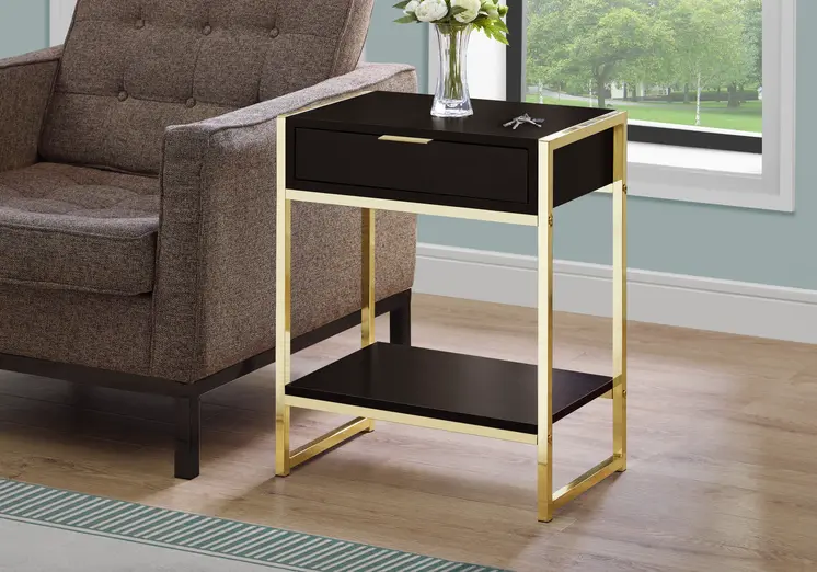 24" Gold And Dark Brown Wood And Metal End Table With Drawer And Shelf