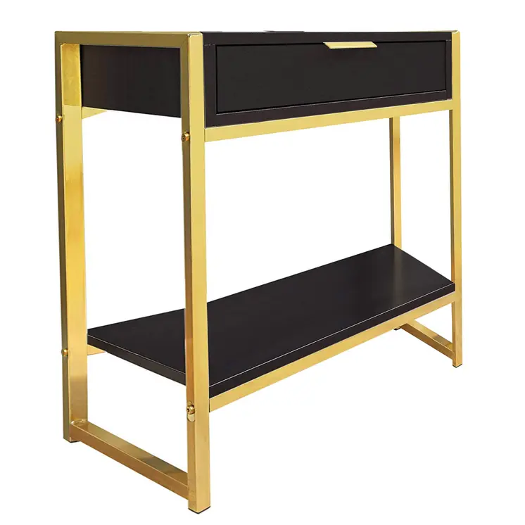 24" Gold And Dark Brown Wood And Metal End Table With Drawer And Shelf
