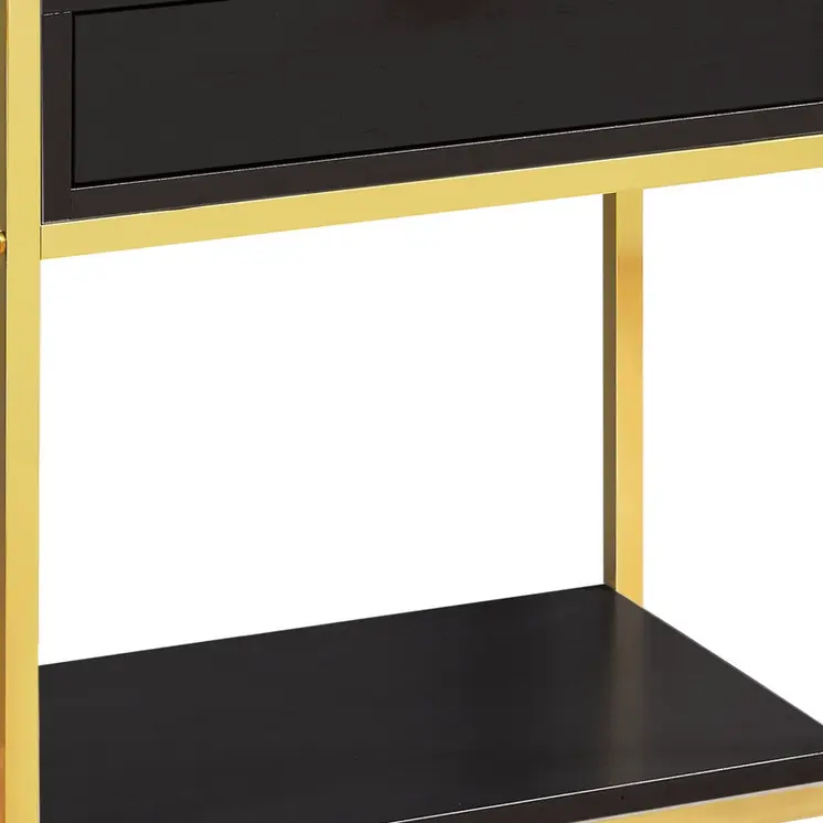 24" Gold And Dark Brown Wood And Metal End Table With Drawer And Shelf