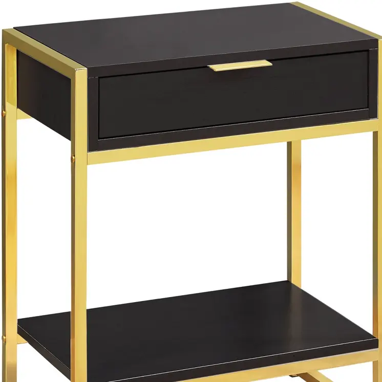 24" Gold And Dark Brown Wood And Metal End Table With Drawer And Shelf