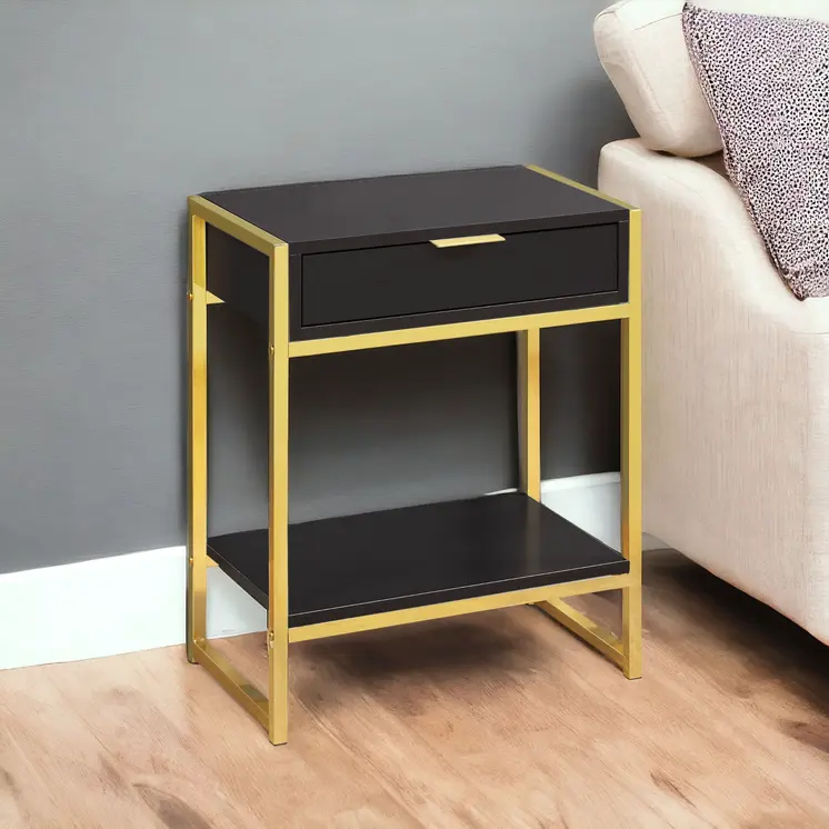 24" Gold And Dark Brown Wood And Metal End Table With Drawer And Shelf