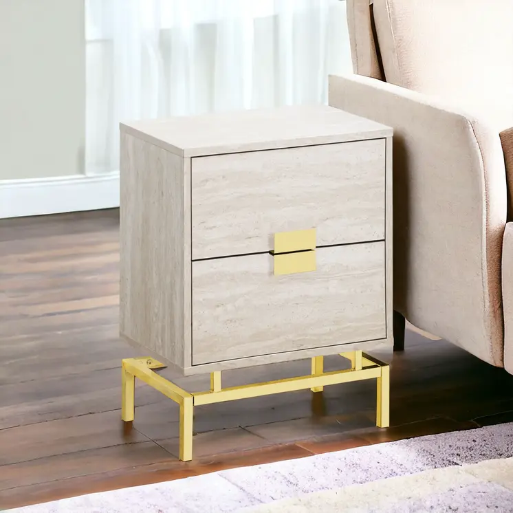 24" Gold And Beige End Table With Two Drawers