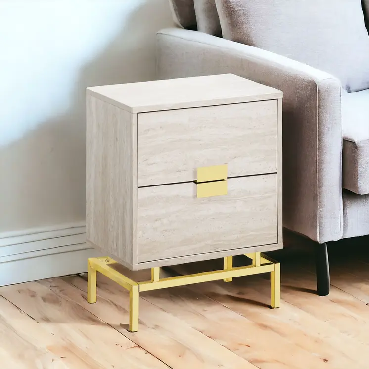 24" Gold And Beige End Table With Two Drawers