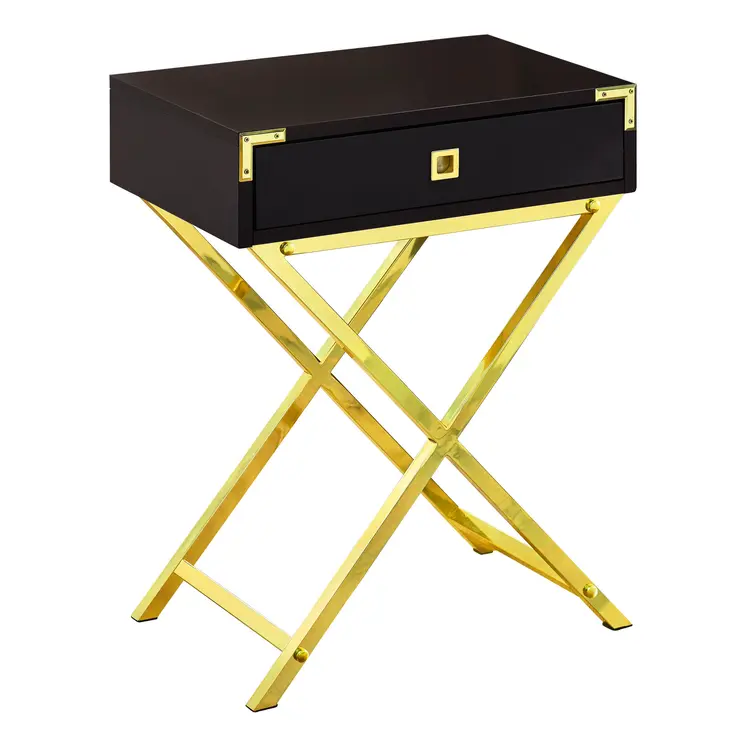24" Gold And Dark Brown Wood And Metal End Table With Drawer