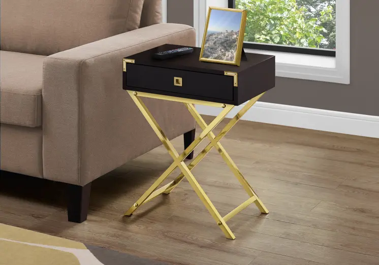 24" Gold And Dark Brown Wood And Metal End Table With Drawer