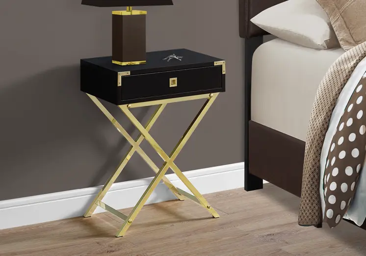 24" Gold And Dark Brown Wood And Metal End Table With Drawer