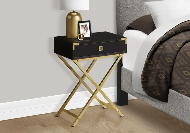 24" Gold And Dark Brown Wood And Metal End Table With Drawer
