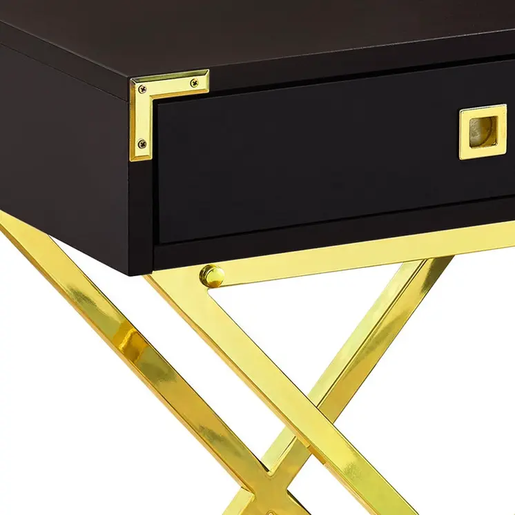 24" Gold And Dark Brown Wood And Metal End Table With Drawer