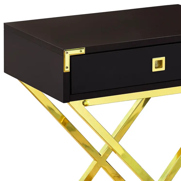 24" Gold And Dark Brown Wood And Metal End Table With Drawer
