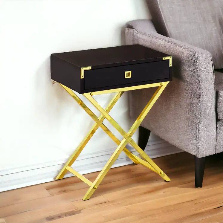 24" Gold And Dark Brown Wood And Metal End Table With Drawer