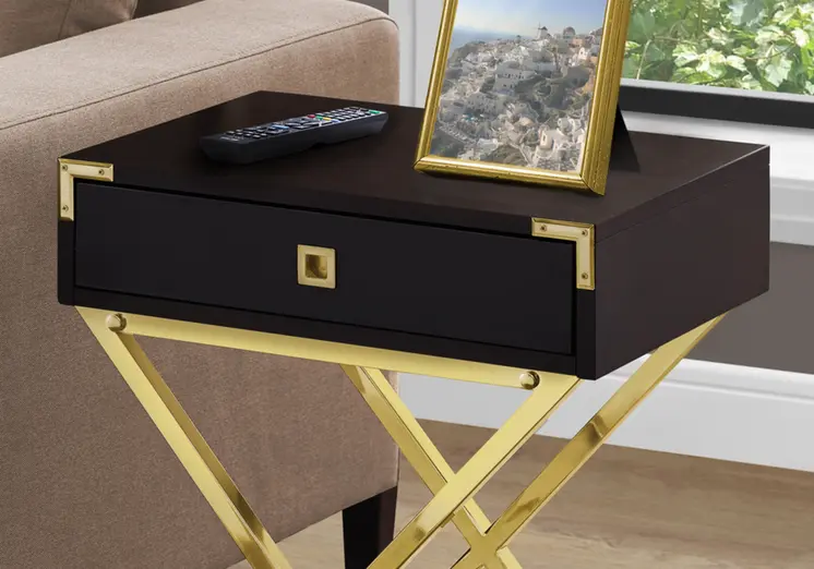 24" Gold And Dark Brown Wood And Metal End Table With Drawer