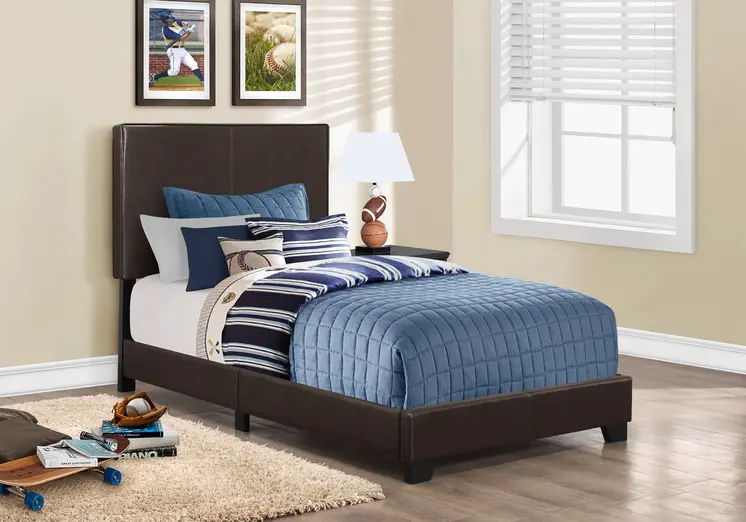 Brown Solid Wood Twin Upholstered Faux Leather Bed Frame