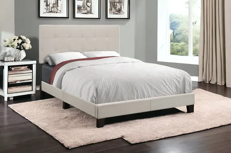 Beige Full Tufted Upholstered Bed Frame