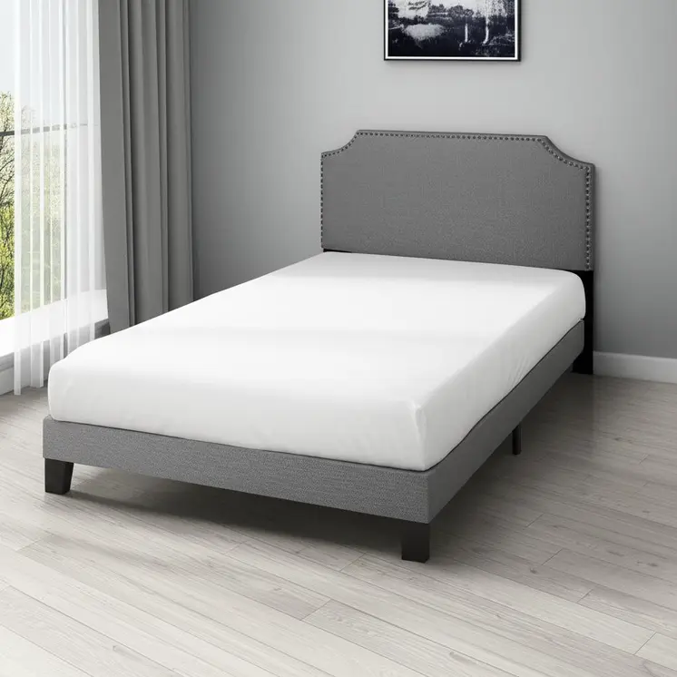 Gray Solid and Manufactured Wood Full Upholstered Faux Leather Bed Frame