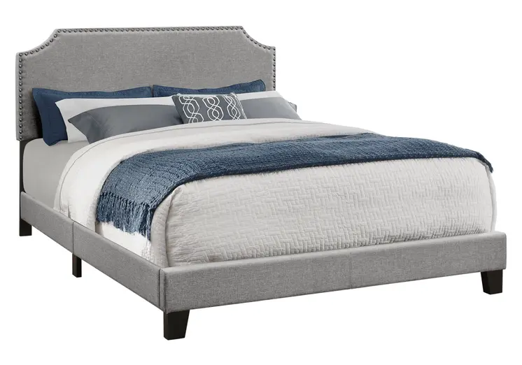 Gray Queen Upholstered Bed Frame with Nailhead Trim