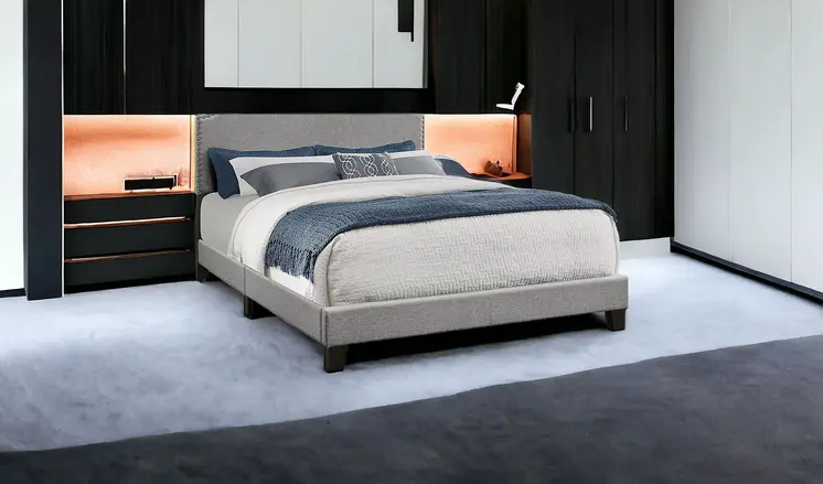 Gray Queen Upholstered Bed Frame with Nailhead Trim