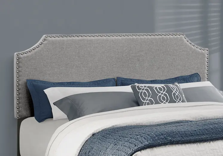 Gray Queen Upholstered Bed Frame with Nailhead Trim